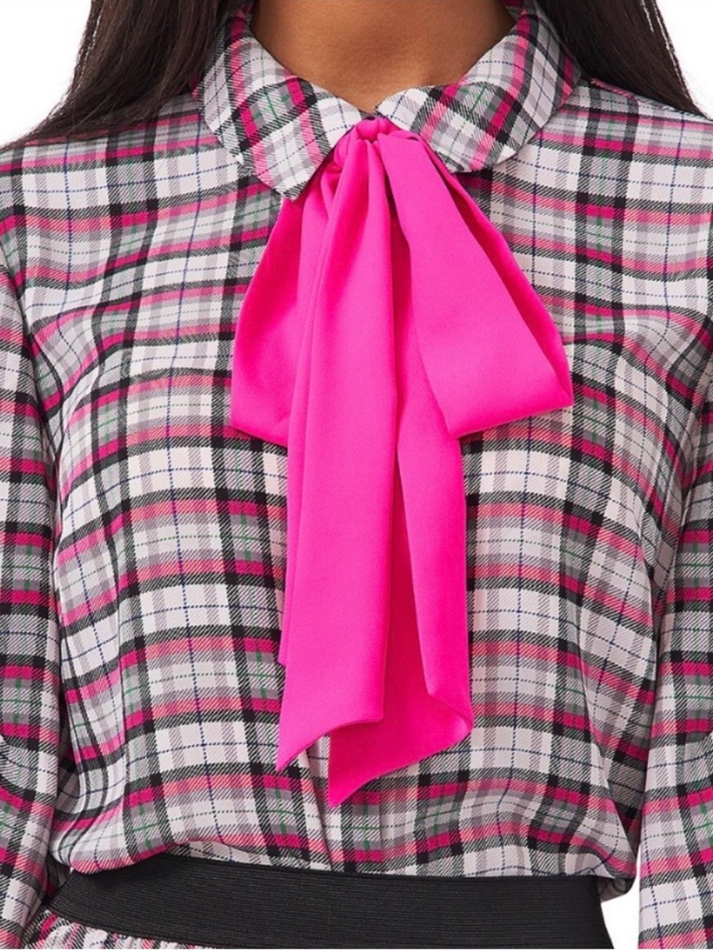 Riley & Rae NEW Camille Bow Trim Plaid Pink and Gray Plaid Blouse Size Small